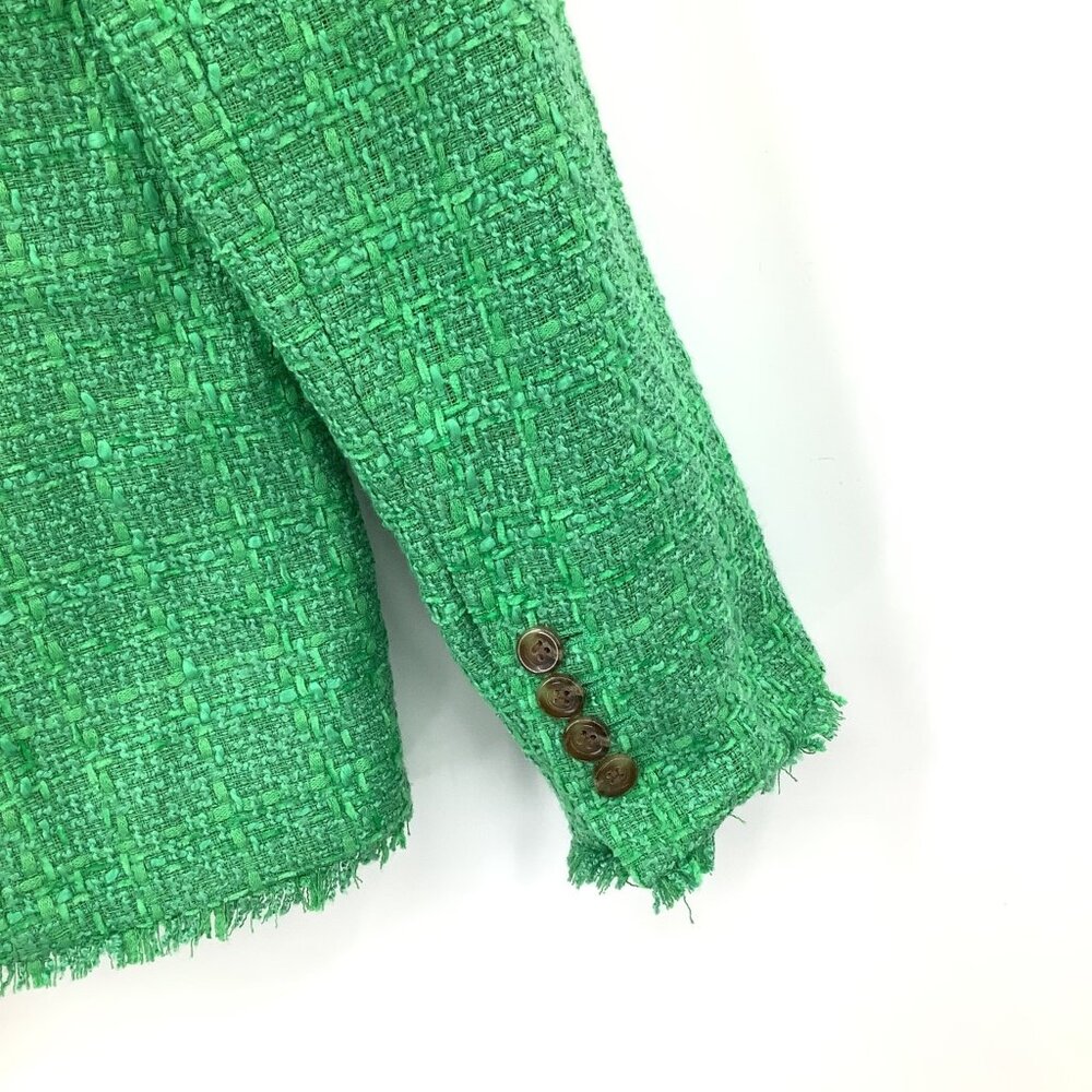 Ann Taylor Women's Green Tweed Blazer Size 14 Single-Breasted Fringe Trim - Picture 5 of 5